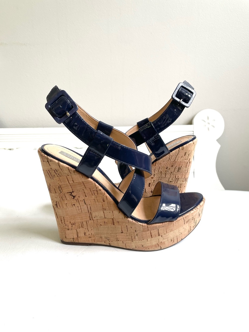 SHUTZ NAVY BLUE PATENT LEATHER CORK PLATFORM SHOE WEDGE OPEN TOE ADJUSTABLE